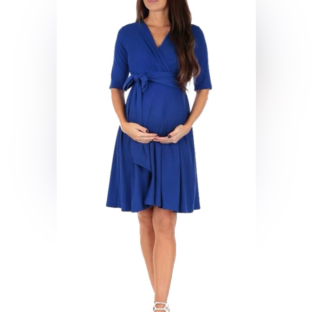 Mother Bee Maternity Knee Length Wrap Dress - royal blue